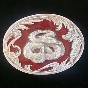 Rattlesnake Belt Buckle Silver & Red Enamel